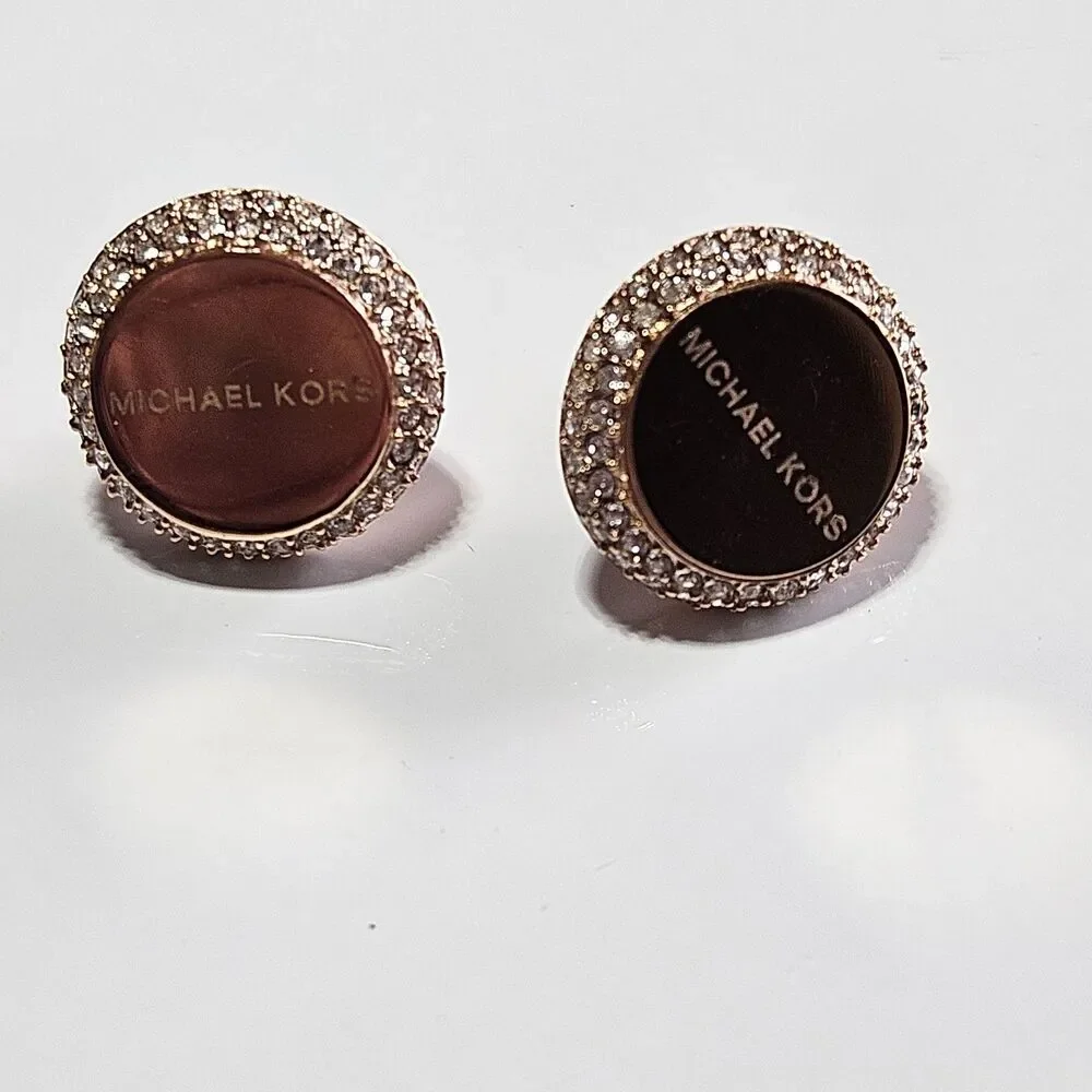 Michael Kors Rose Gold Round Earrings With Clear Crystal Stone Accents